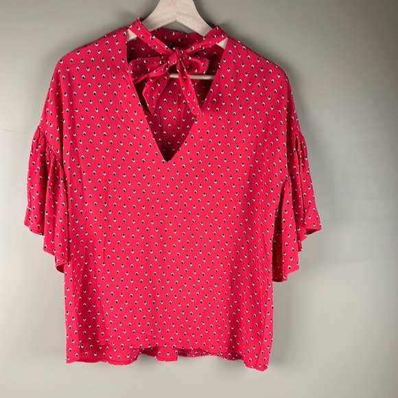 Zara WOMAN Red Patterned  Blouse with Ruffled Flowy Short Sleeves - Picture 2 of 9